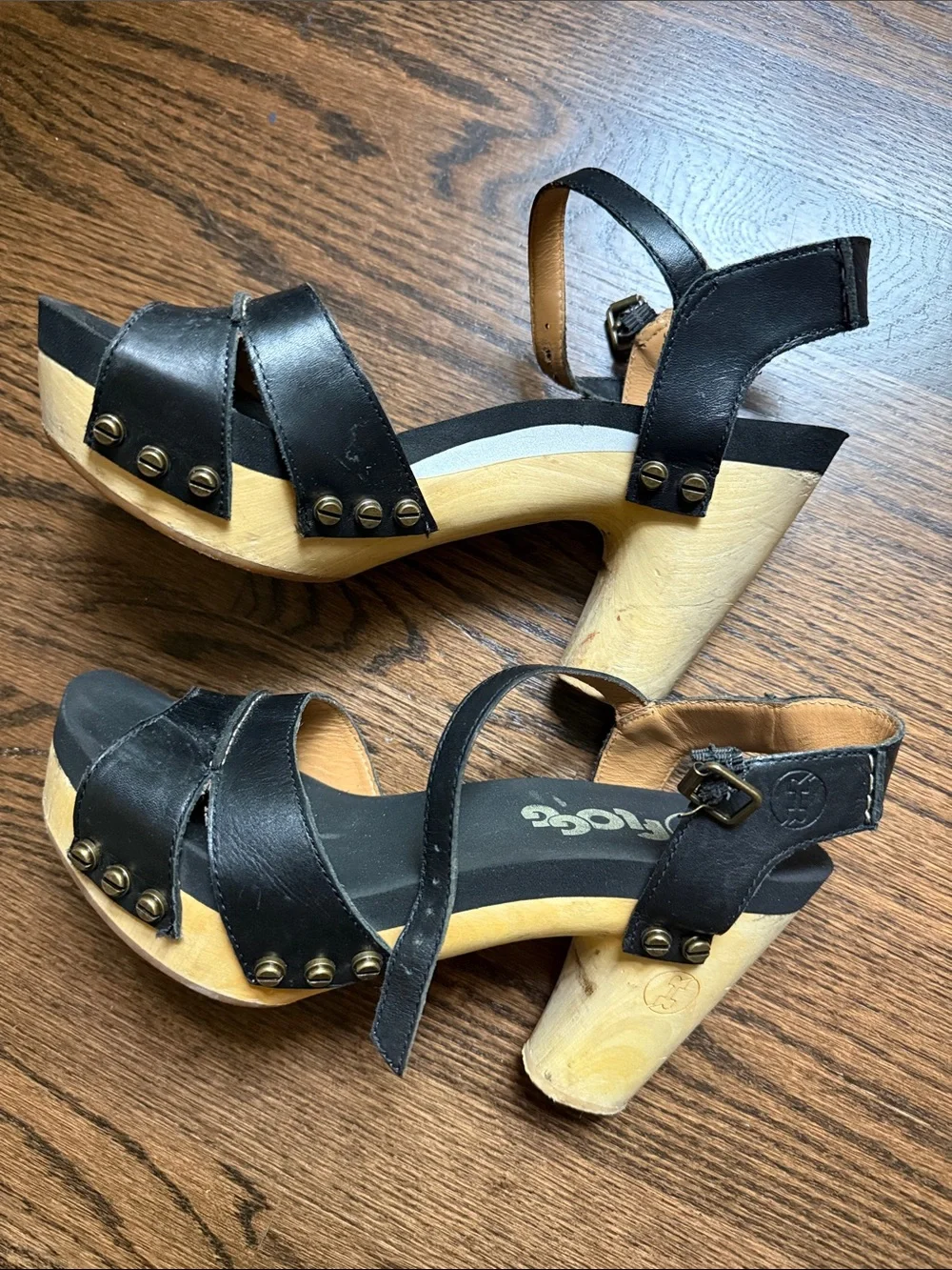 Black Leather Platform Clog Heels with Wood sole.